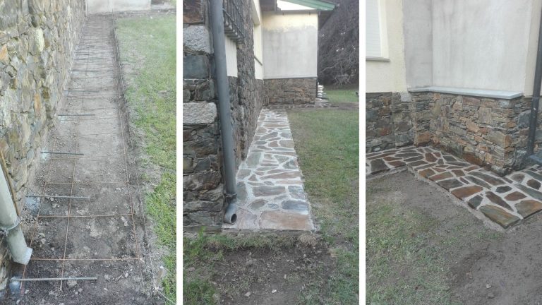 Reformas de camino exterior de patio con malla refuerzo y piedra